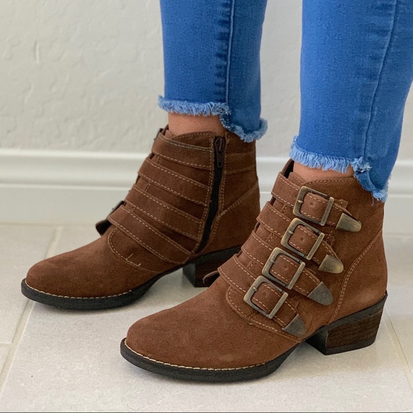 Cognac Genuine Suede Bootie With Buckle Details - Picture 1 of 8